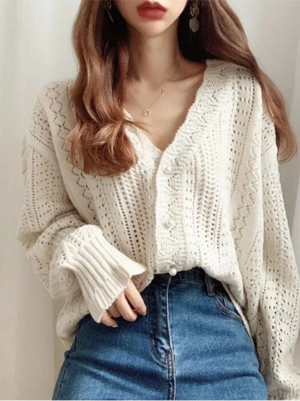 Cottagecore Feminine Size L Open Knit V-Neck Cardigan Sweater Pearl Buttons Boho - Picture 2 of 10